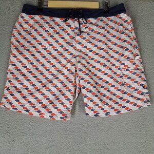 J. Crew Swim Trunks Shorts Adult 35 Red Blue Fish Beach Ocean 8" Surf Full Lined